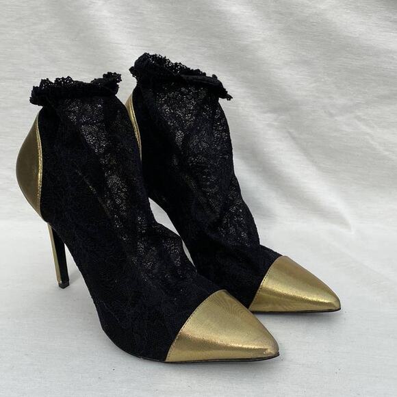 Stella Luna Black Lace & Gold Pointed Toe Booties, Size 38 (US 8), Ankle Boots - Picture 4 of 13